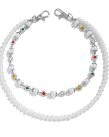 Pearl Wallet Chain Womens Double Wallet Chain Silver Beaded Wallet Chain for Women