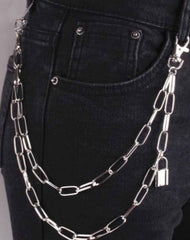 Cute Mens Silver Double Layers Pants Chains With Lock Silver Double Biker Wallet Chain For Women