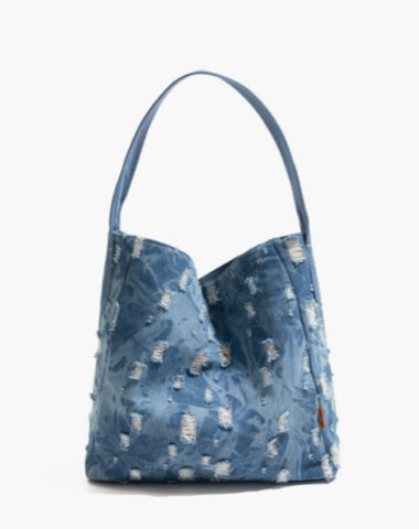 Washed Blue Jean Bag Denim Shoulder Bags Large Denim Tote Bucket Bag Jean Tote Bag