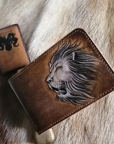 Tooled Leather Wallet Card Wallet with ID Window Lion Leather Wallet ID Holder Wallet Mens Wallet with ID Window Lion Wallet