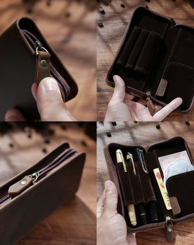 Dark Brown Leather Fountain Pen Case Black Luxury Leather Pen Case