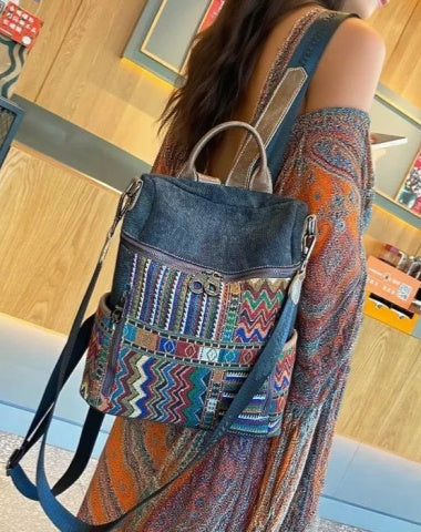 Vintage Convertible Large Boho Style Backpack Women Black Gray Embroidery Canvas Backpack Boho Crossbody Bag