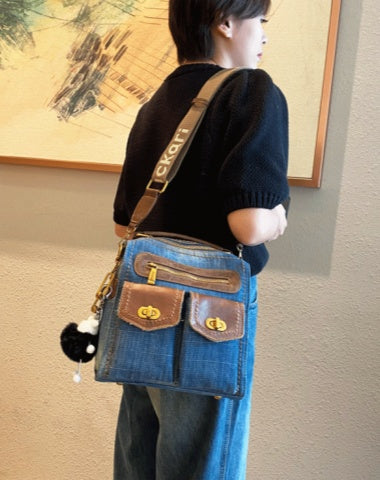 Blue Convertible Denim Shoulder Bag Handbag Women Denim Crossbody Bag Convertible Denim Mini Backpack Bag