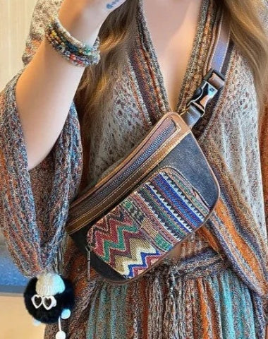 Boho Sling Bag Boho Crossbody Bag Women Embroidery Canvas Small Waist Bag Boho Shoulder Bag