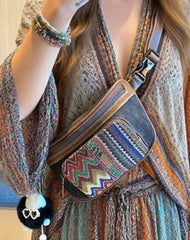 Boho Sling Bag Boho Crossbody Bag Women Embroidery Canvas Small Waist Bag Boho Shoulder Bag