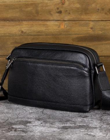 Small Mens Black Leather Crossbody Bag Soft Leather Crossbody Bag Black Messenger Bag