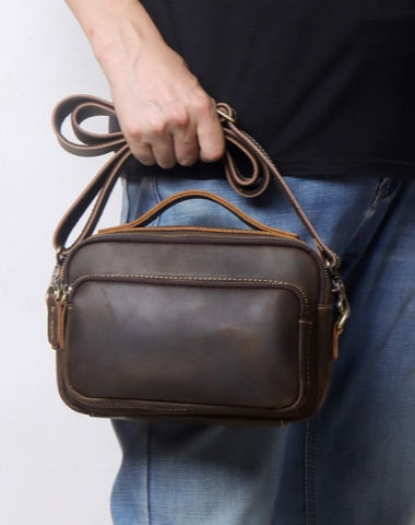 Mens Small Crossbody Bag with Handle Small Mens Crossbody Bag Brown Leather Small Crossbody Bag for Men Messenger Bag