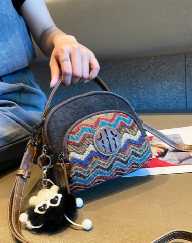 Boho Canvas Small Round Handbag Shoulder Bag Women Embroidery Canvas Small Boho Crossbody Bag
