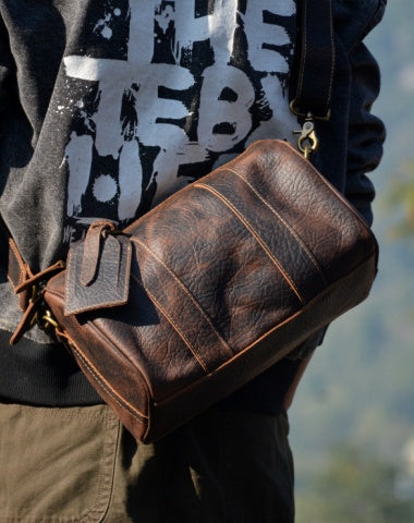 Brown Small Barrel Shoulder Bag Leather Barrel Crossbody Bag Mens Barrel Leather Bag Messenger Bag
