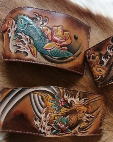 Carp Tooled Leather Wallet Billfold Mens Wallet with ID Window Card Wallet with ID Window