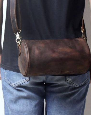Leather Cylinder Shoulder Bag Mens Barrel Crossbody Bag Messenger Bag Leather Barrel Bags for Men