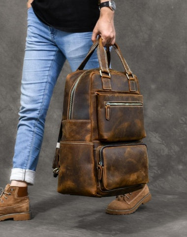 brown leather backpack outfit men Leather Backpack Style Handbag Vintage Brown Large Leather Backpack Men 16"  Laptop Backpack