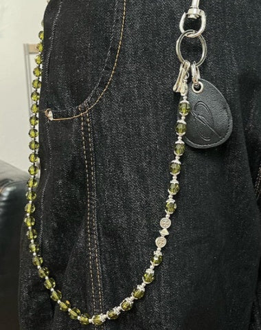Green Beaded Wallet Chain Long Beaded Pants Chain Crystal Bead Wallet Chain with Keychain