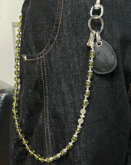 Green Beaded Wallet Chain Long Beaded Pants Chain Crystal Bead Wallet Chain with Keychain