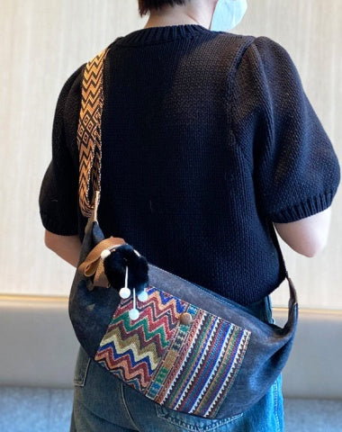 Boho Canvas Saddle Shoulder Bag Women Boho Embroidery Canvas Saddle Crossbody Bag