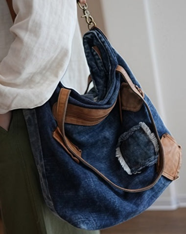 Large Denim Tote Messenger Bag Denim Shoulder Bags Blue Jean Bag Crossbody Bag Jean Tote Bag