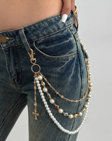 Gold Womens Wallet Chain Pearl Wallet Chain for Women Triple Ball Wallet Chain