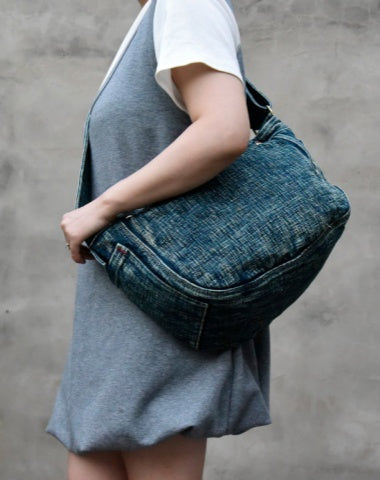 Blue Denim Messnger Bag Large Denim Crossbody Bag for Men Washed Distressed Womens Large Jeans Shoulder Bag