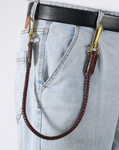 Coffee Leather Braided Biker Wallet Chains Handmade Leather Pants Chain For Men - EverHandmade
