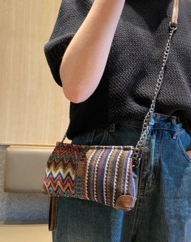 Boho Embroidery Canvas Clutch Women Small Chain Crossbody Bag Boho Canvas Small Shoulder Chain Bag Clutch