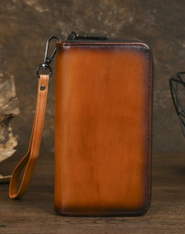 Leather Double Zip Around Wallet for Men Long Mens Double Zip Wallet Wristlet