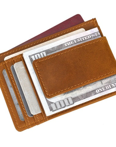 Brown Leather Magnetic Money Clip Wallet Card Holder wallet with Money Clip Billfold for Men
