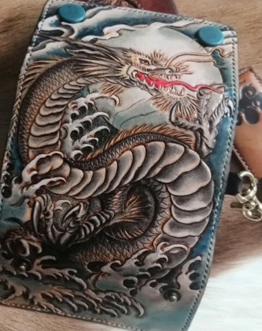 Tooled Leather Key Wallet Key Holders with Card Holder Loong Chinese Dragon Leather Key Wallets for Men