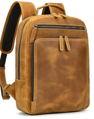 Camel Crazy Horse Leather Backpack Mens Large Tan Leather Backpack for Men