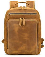 Large Tan Leather Backpack for Men Camel Crazy Horse Leather Backpack Mens