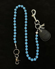 Blue Beaded Wallet Chain Womens White Lavastone Long Bead Wallet Chain with Keyring