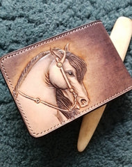 Horse Tooled Leather Wallet Billfold Card Wallet with ID Window 