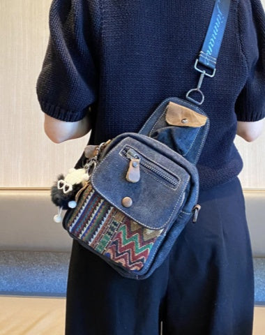 Womens Boho Sling Bag Canvas Crossbody Backpack Canvas Embroidery Boho Crossbody Bag