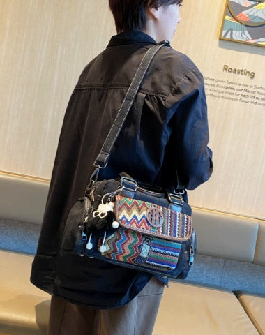 Black Gray Canvas Embroidery Shoulder Bag Women Boho Handbag Black Gray Canvas Crossbody Bag