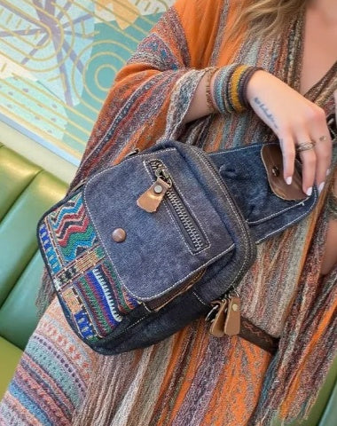Boho Canvas Sling Bag Crossbody Backpack Women Canvas Boho Embroidery Shoulder Bag Crossbody Bag