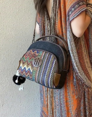 Embroidery Canvas Small Boho Crossbody Bag Women Boho Canvas Small Round Handbag Shoulder Bag