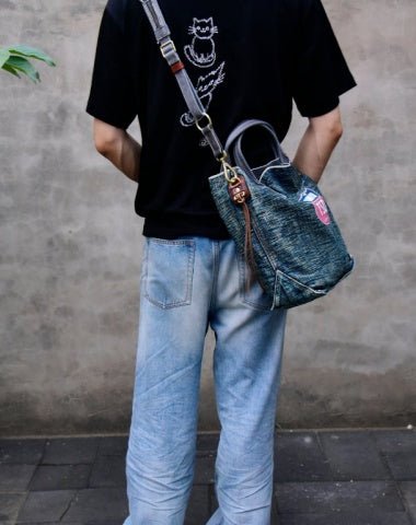 Blue Denim Vertical Mens Tote Messenger Bag Blue Jean Vertical Tote Bag Denim Tote Handbag Denim Tote Bag
