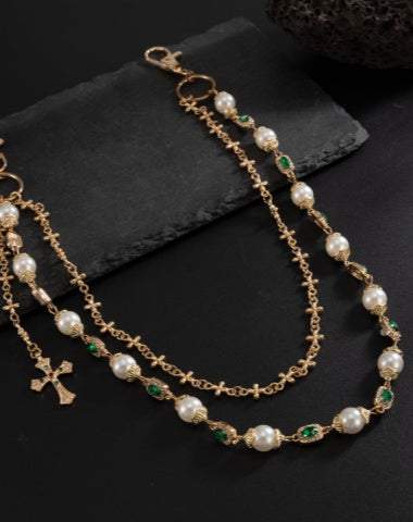 Double Wallet Chain with Cross Pearl Wallet Chain Gold Wallet Chain for Women