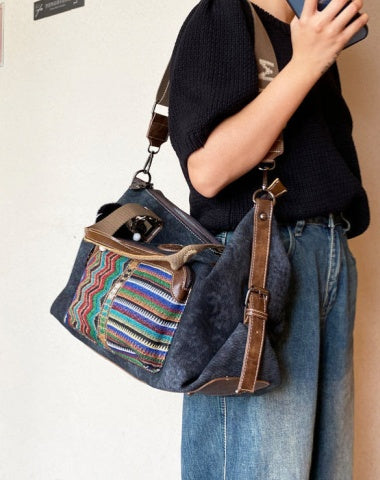Canvas Embroidery Boho Shoulder Bag Women Boho Style Handbag Black Gray Canvas Boho Crossbody Bag