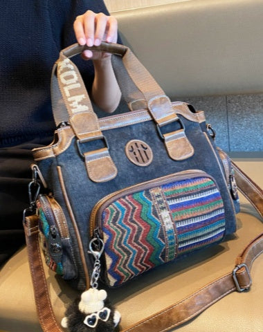 Black Gray Canvas Boston Handbag Women Canvas Shoulder Boston Bag Embroidery Canvas Boho Handbag