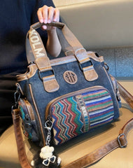 Black Gray Canvas Boston Handbag Women Canvas Shoulder Boston Bag Embroidery Canvas Boho Handbag