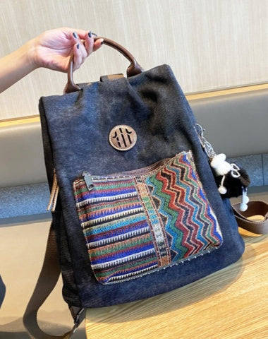 Boho Style Backpack Womens Canvas Backpack Black Gray Embroidery Vintage Boho Backpack