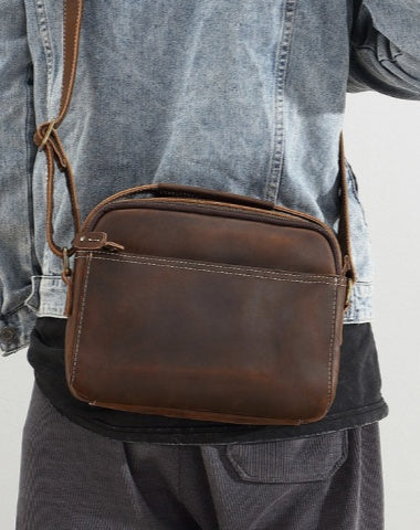Dark Brown Leather Crossbody Bag for Men Small Dark Brown Leather Crossbody Purse with Handle Messenger Bag
