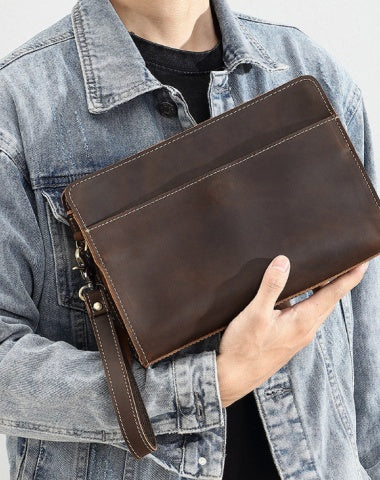 Dark Brown Leather Clutch Wristlet Large Men's Leather Clutch Purse