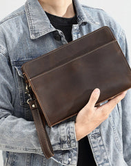 Dark Brown Leather Clutch Wristlet Large Men's Leather Clutch Purse