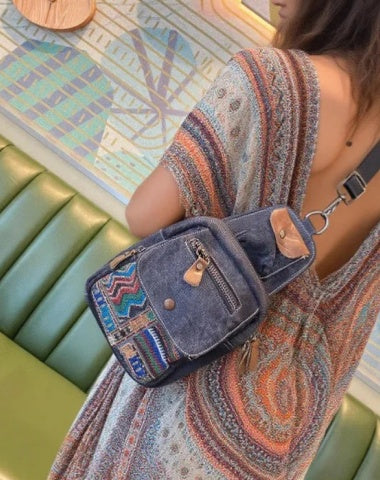 Boho Canvas Sling Bag Crossbody Backpack Women Canvas Embroidery Boho Crossbody Bag
