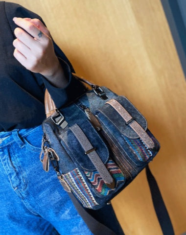 Women Canvas Convertible Handbag Boho Crossbody Bag With outside Pockets Black Gray Canvas Embroidery Convertible Backpack Boho Shoulder Bag