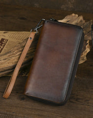 Dark Brown Leather Double Zip Around Wallet for Men Long Mens Double Zip Wallet Wristlet