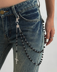 Pearl Wallet Chain Black Beaded Wallet Chain for Women Double Wallet Chain with Cross