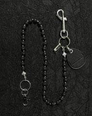 Black Beaded Wallet Chain Womens White Lavastone Long Bead Wallet Chain with Keyring