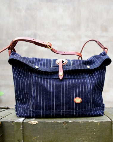 Blue Striped Denim Leather Crossbody Bag for Men Womens Jeans Shoulder Bag Striped Messnger Bag